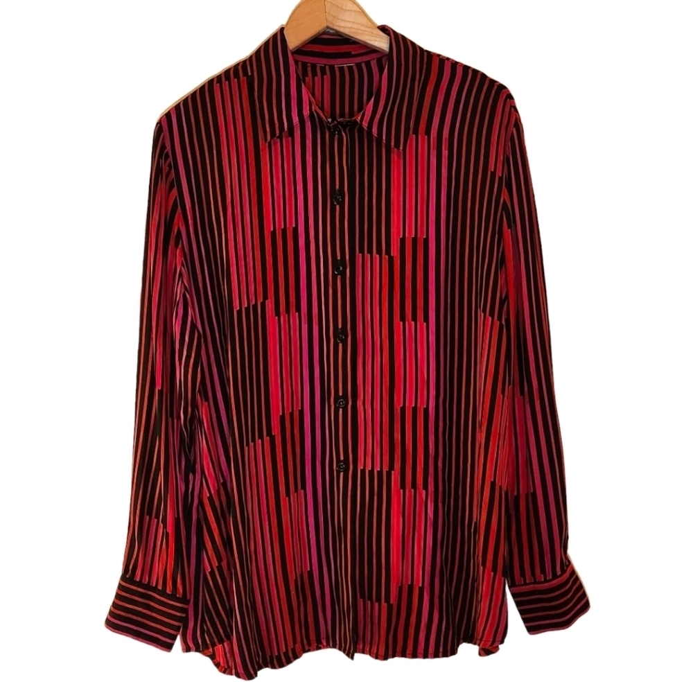 100% silk red pink and black button down blouse